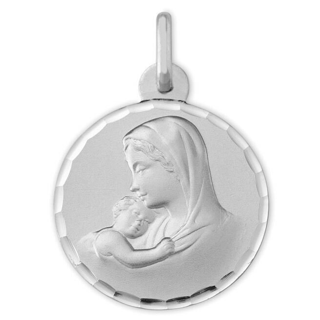 Photo de Médaille Vierge à l'enfant douceur ciselée - Or blanc 9ct