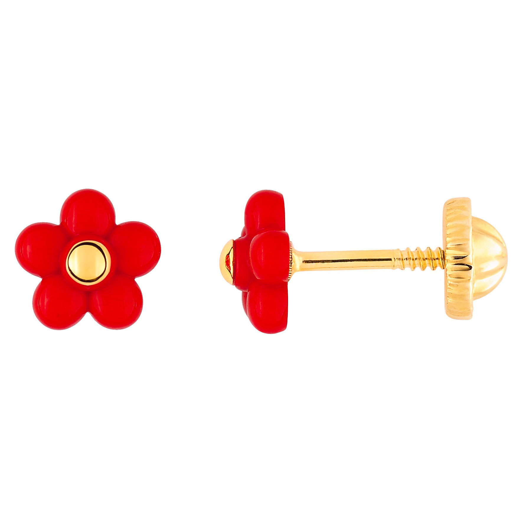 Boucles d'oreilles fleurs rouge - Vis - Or jaune 9ct