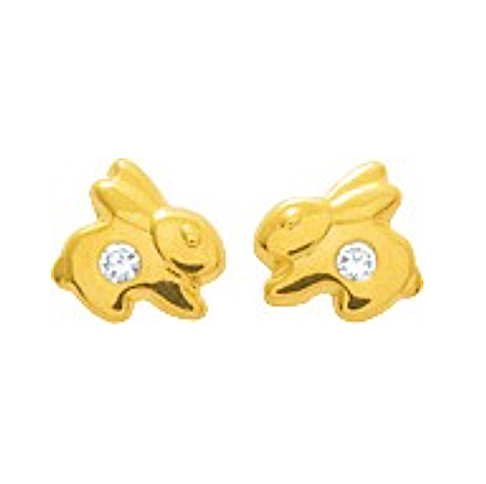 Boucles d'oreilles lapins en or jaune 18 carats et zirconium pour enfant
