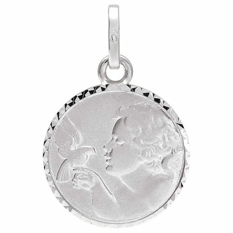 Photo de Médaille Ange à l'oiseau ciselée - Or blanc 9ct