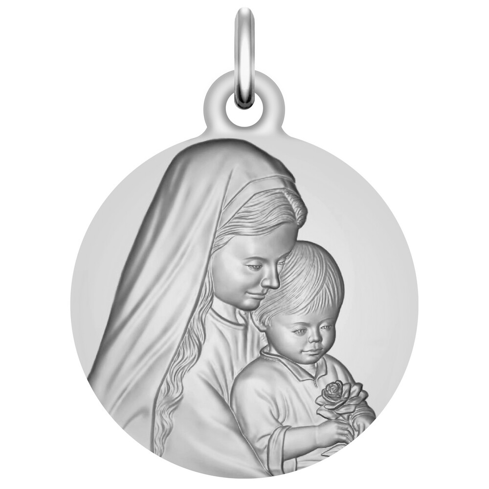 Photo de Médaille Vierge à l'enfant à la rose - Argent massif