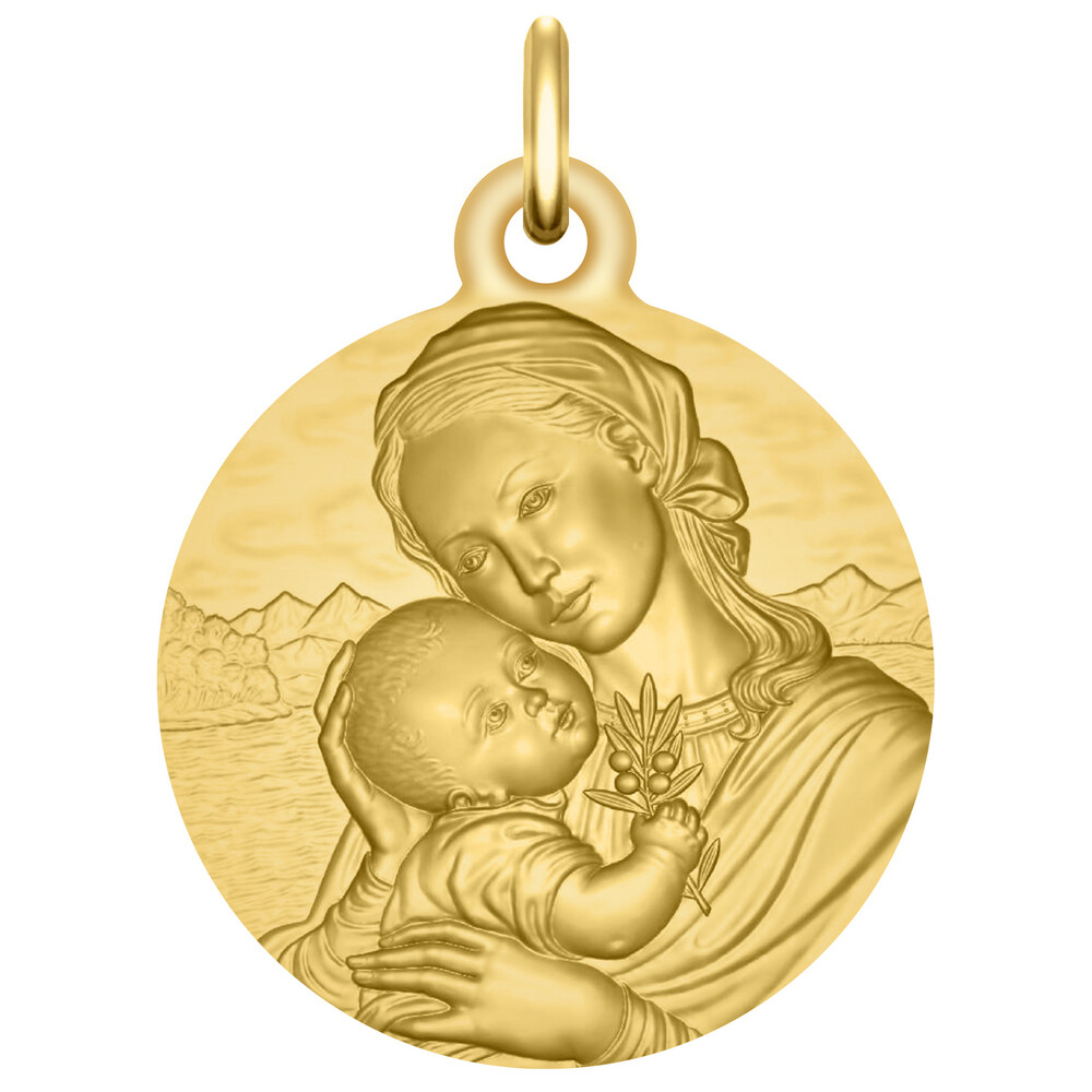 Photo de Médaille Vierge à l'enfant au rameau - Or jaune 18ct