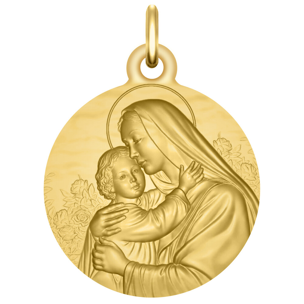 Photo de Médaille Vierge à l'enfant aux fleurs - Or jaune 18ct