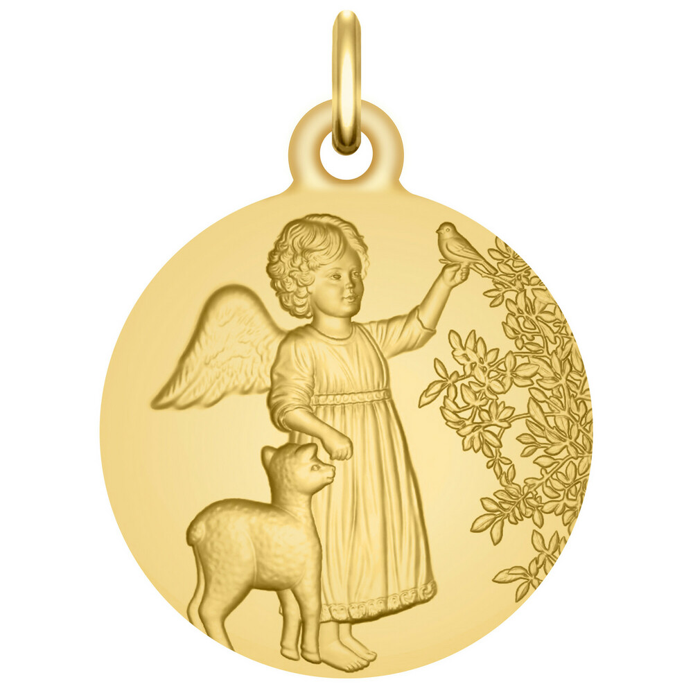 Photo de Médaille Ange à l'oiseau et l'agneau - Or jaune 9ct