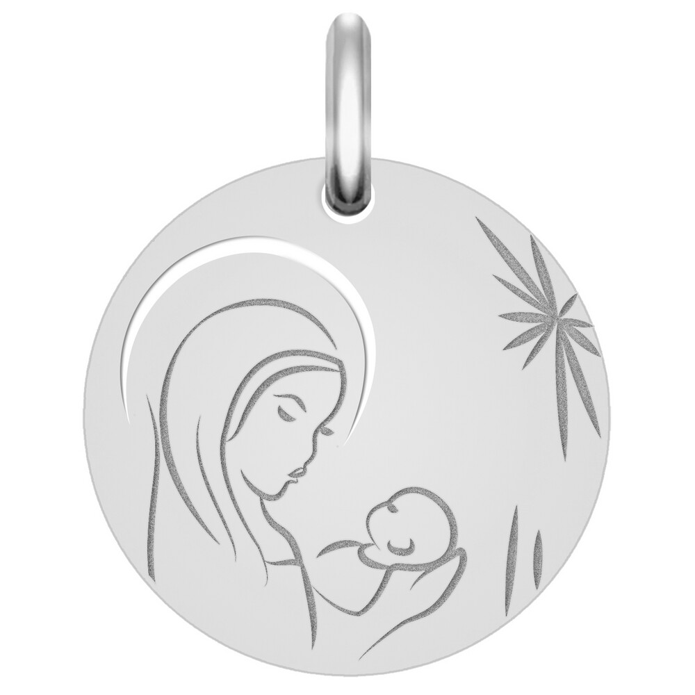 Photo de Médaille Vierge à l'enfant étoilée ajourée - Or blanc 9ct