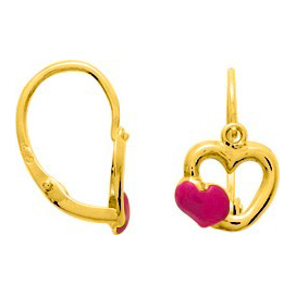 Boucles D'oreilles Dormeuses Cœur, Rubis Synthétique, Plaqué Or 18K, Dolly-Bijoux