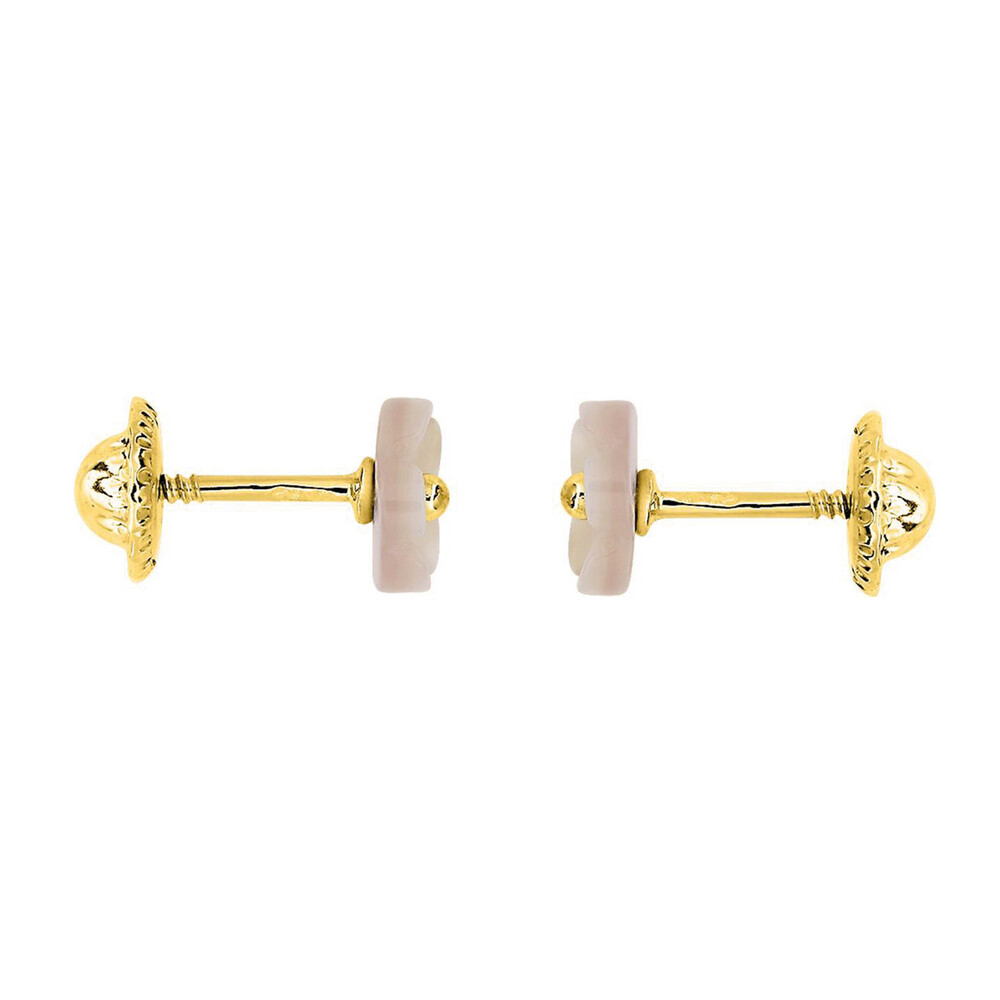 Photo de Boucles d'oreilles fleurs en nacre rose - Vis - Or jaune 9ct & nacre