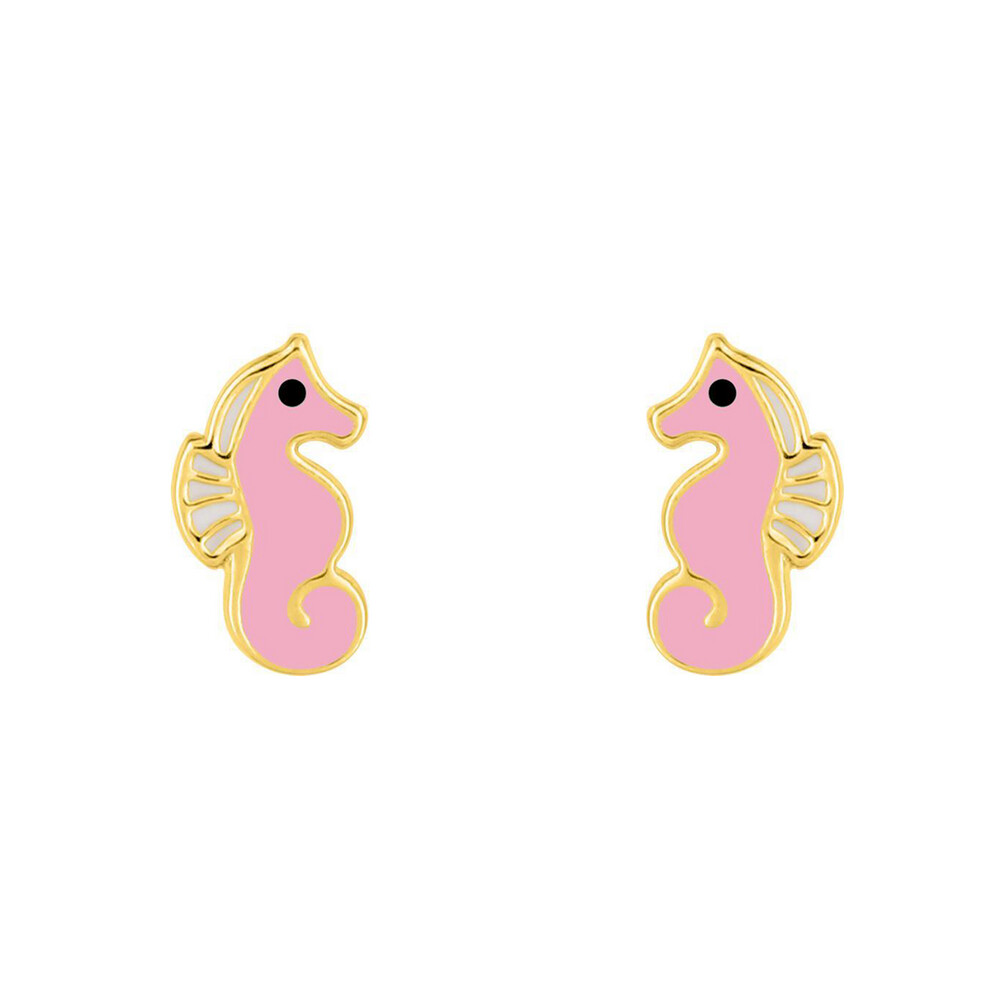 Photo de Boucles d'oreilles hippocampe rose - Vis - Or jaune 18ct