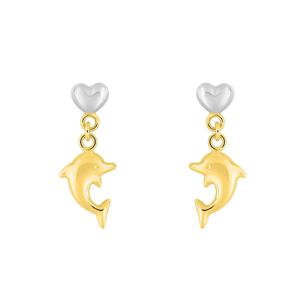 Photo de Boucles d'oreilles dauphins avec coeur bicolore  - Vis - Or jaune 18ct