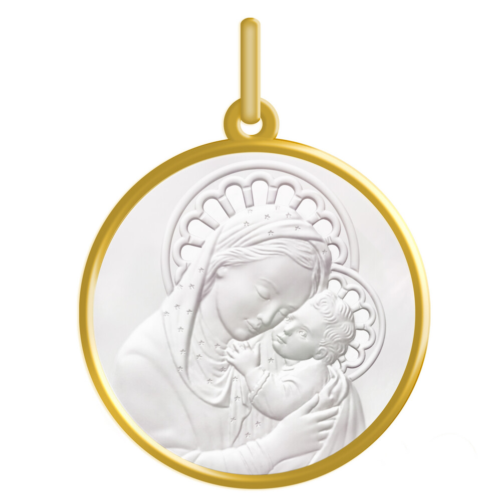 Photo de Médaille Vierge à l'enfant de Botticelli ajourée - Or jaune 18ct & nacre