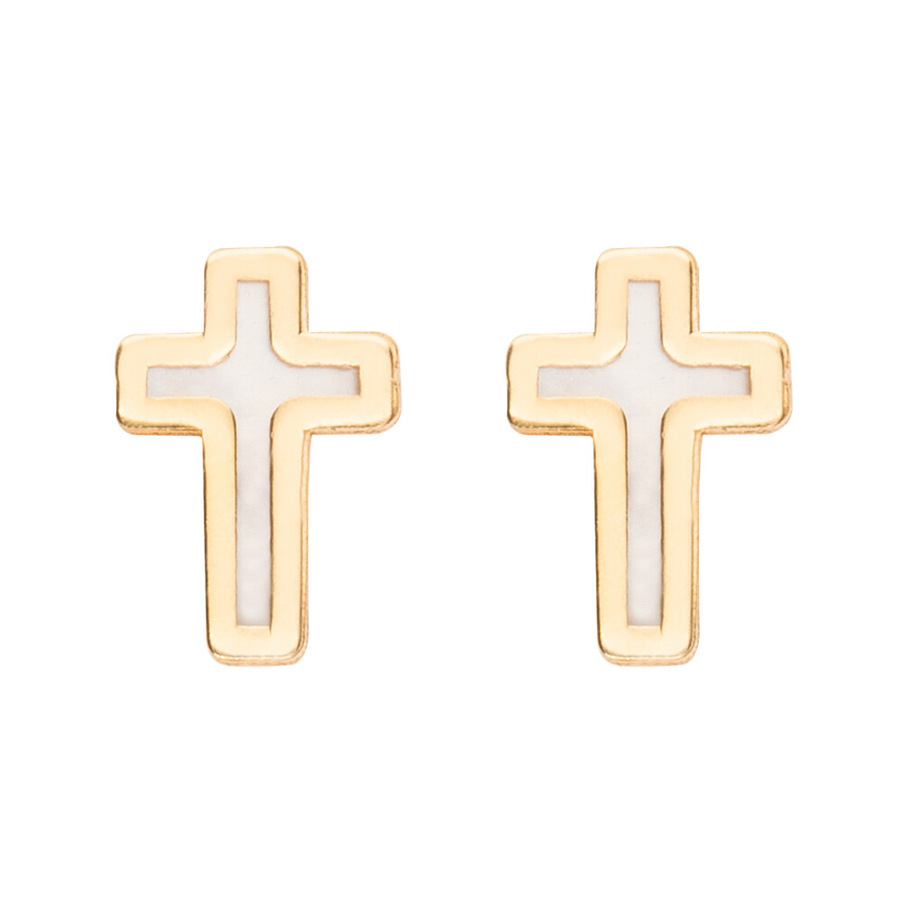 Photo de Boucles d'oreilles Croix Nacre - Puce - Or jaune 9 carats