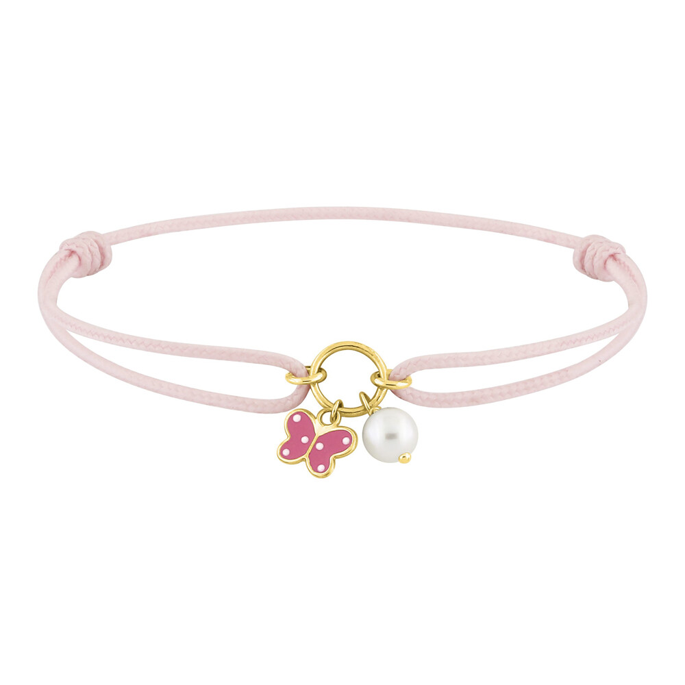 Photo de Bracelet cordon rose avec papillon rose & perle - Or jaune 9ct